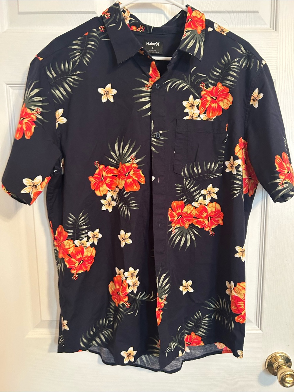 Hurley Men's Black Short-Sleeve Hawaiian Shirt with Red-Orange Hibiscus